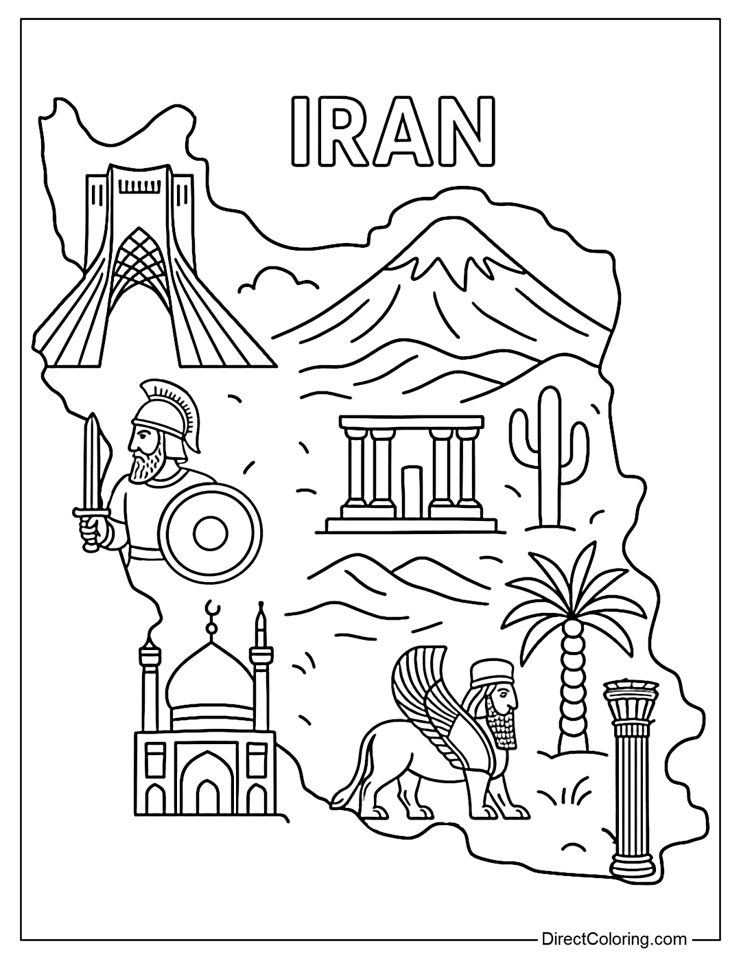 Coloring page of Iran map with illustrations of cultural symbols, mountains, deserts, ruins.